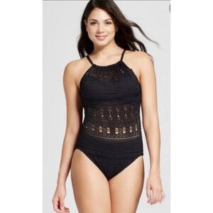 Aqua Green Womens Swimsuit One Piece Black Crochet Bathing Suit Large New